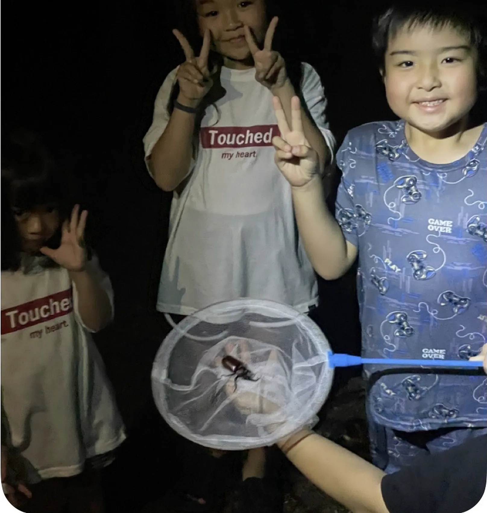 夜に捕まえたカブトムシを虫網で見せる子どもたち