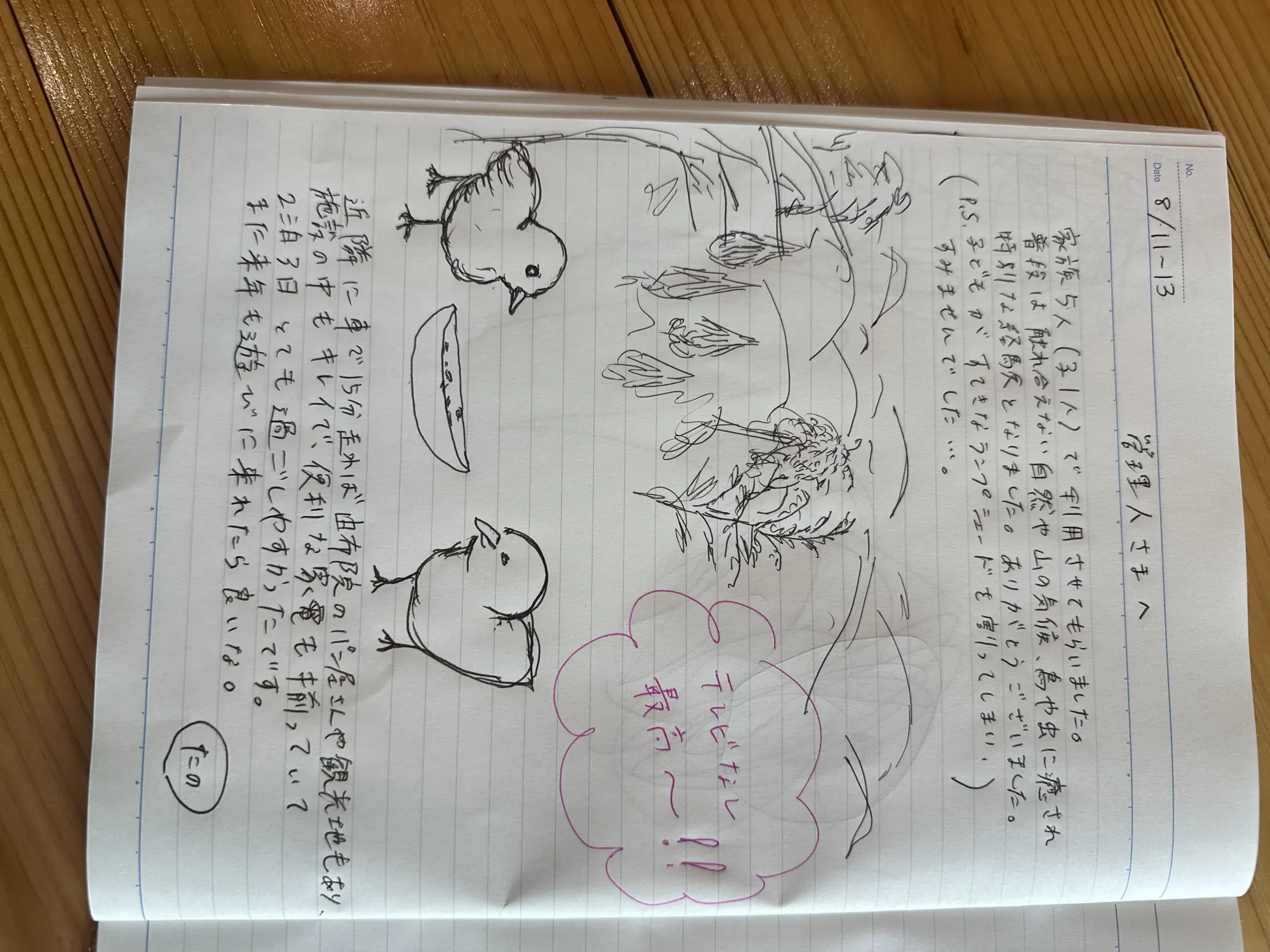 自然や鳥との出会いについて手書きで残された宿泊者ノート